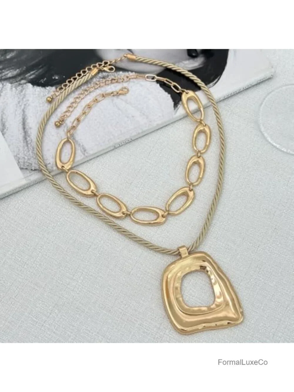 Geometric Hollow Square Pendant Rope Chain Necklace Gold-Tone Alloy Statement